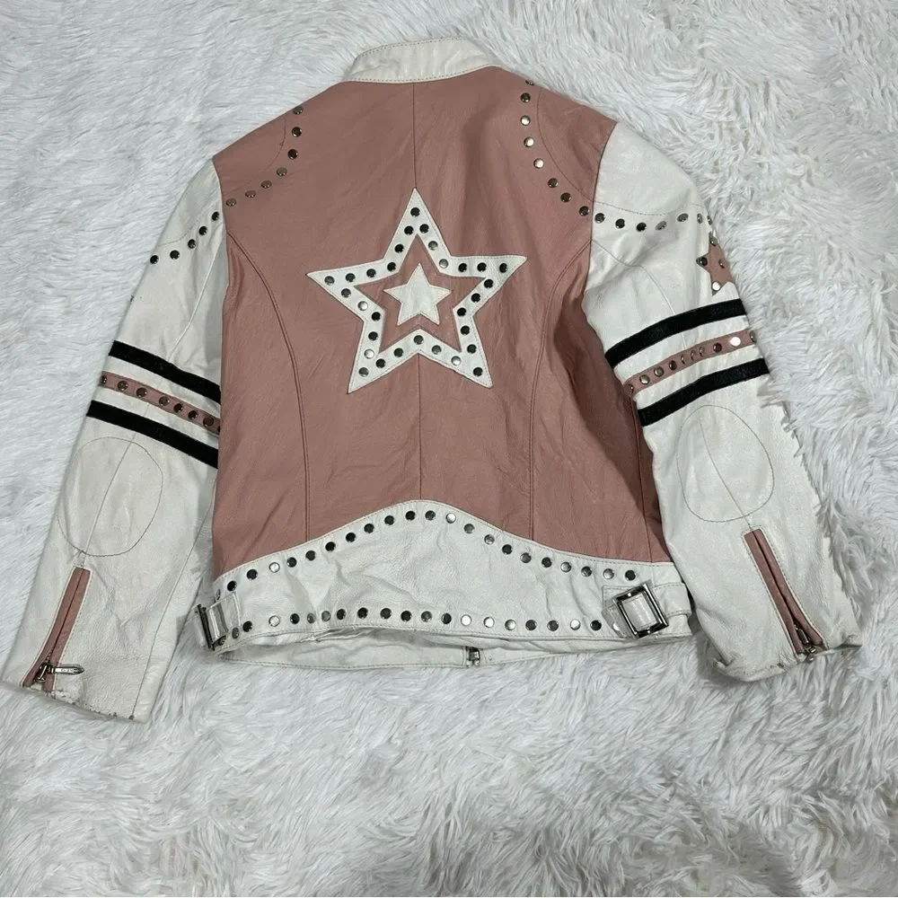 Rare Wilsons Leather Kids Studded LeatherJacket Size M Pink With Star Y2K Style